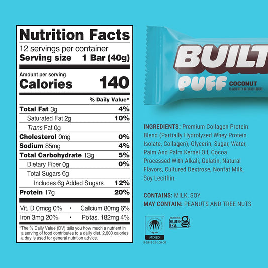 Built Bar, Puff Protein Bars, 17g Protein Snacks, Only 140 Calories, 6g Sugar, Collagen, Gluten Free, 12 Count