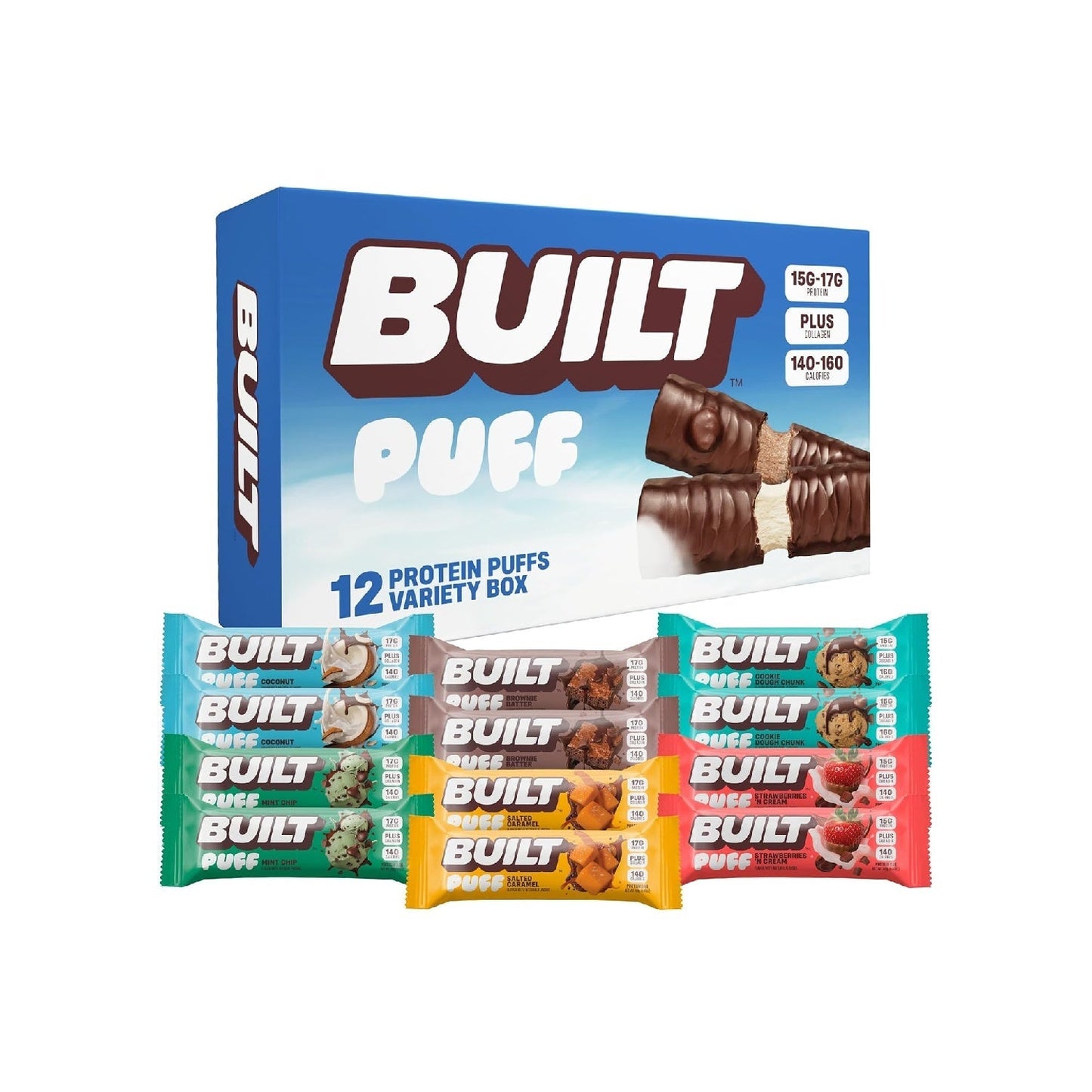 Built Bar, Puff Protein Bars, 17g Protein Snacks, Only 140 Calories, 6g Sugar, Collagen, Gluten Free, 12 Count