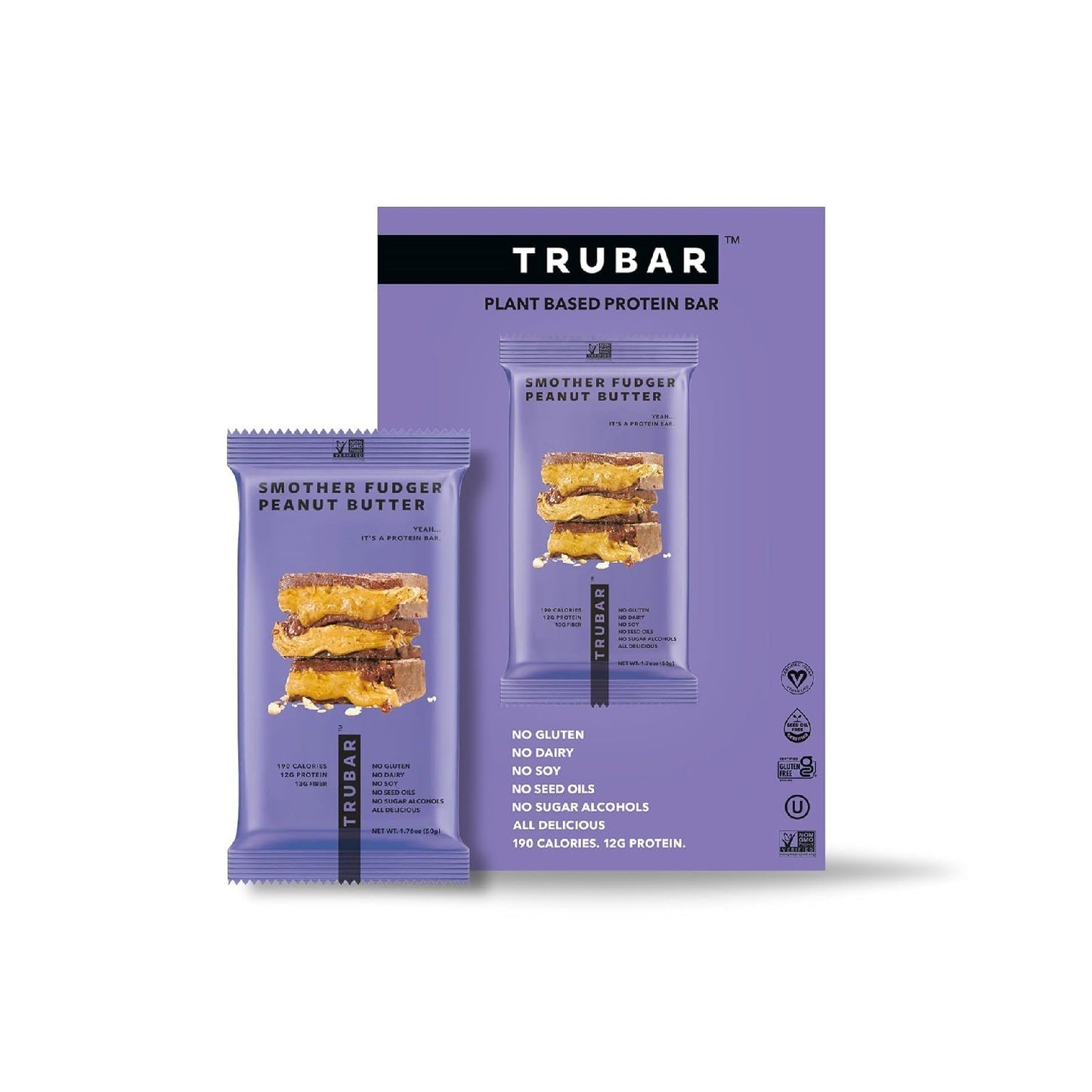 TRUBAR Plant-Based Protein Bar, 12g Protein, 13g Fiber, Vegan, Gluten Free, Non-GMO, Dairy Free, 12 CT