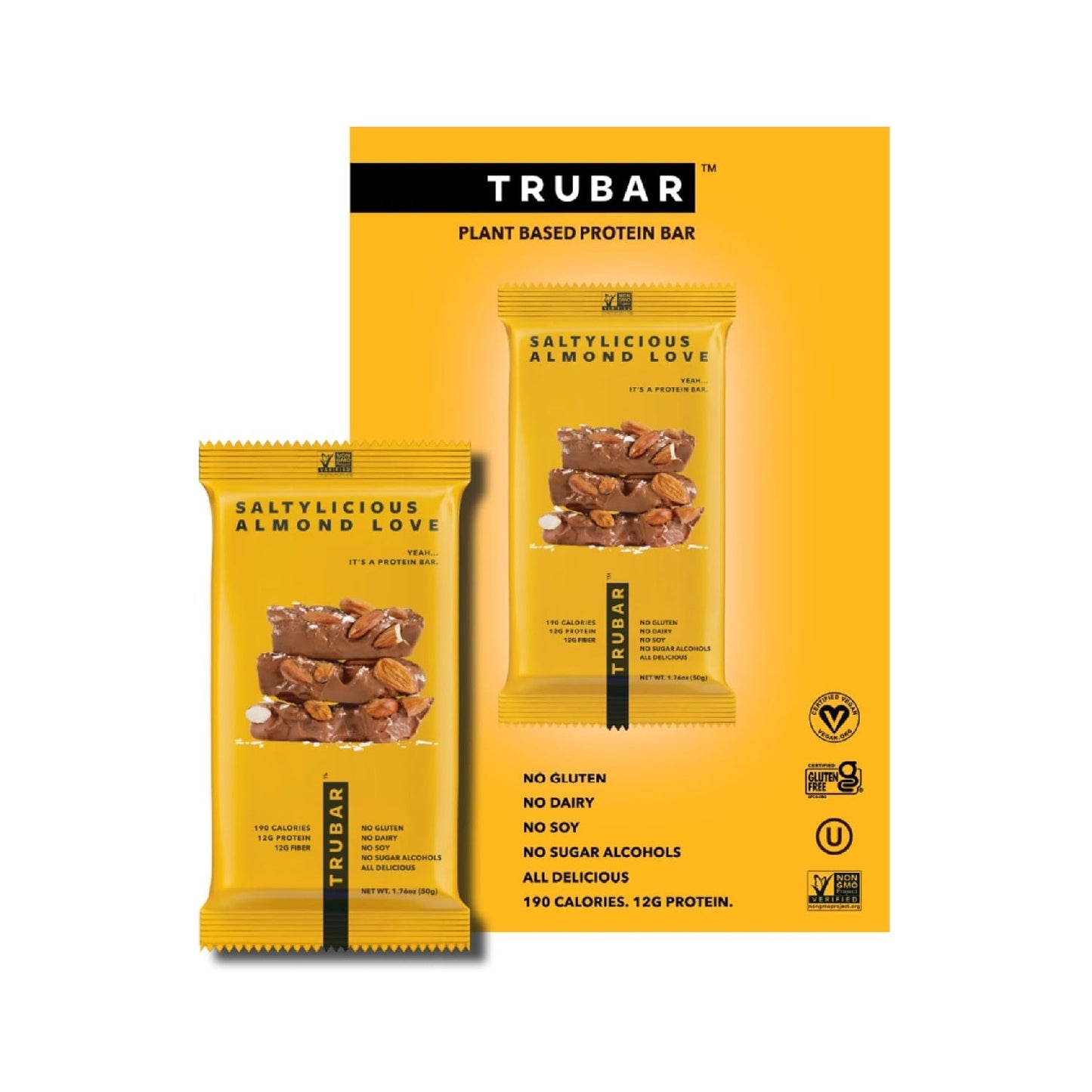 TRUBAR Plant-Based Protein Bar, 12g Protein, 13g Fiber, Vegan, Gluten Free, Non-GMO, Dairy Free, 12 CT