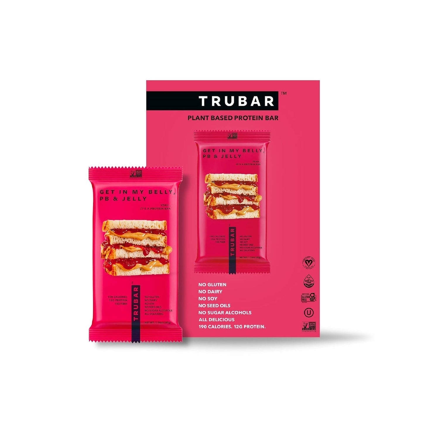 TRUBAR Plant-Based Protein Bar, 12g Protein, 13g Fiber, Vegan, Gluten Free, Non-GMO, Dairy Free, 12 CT