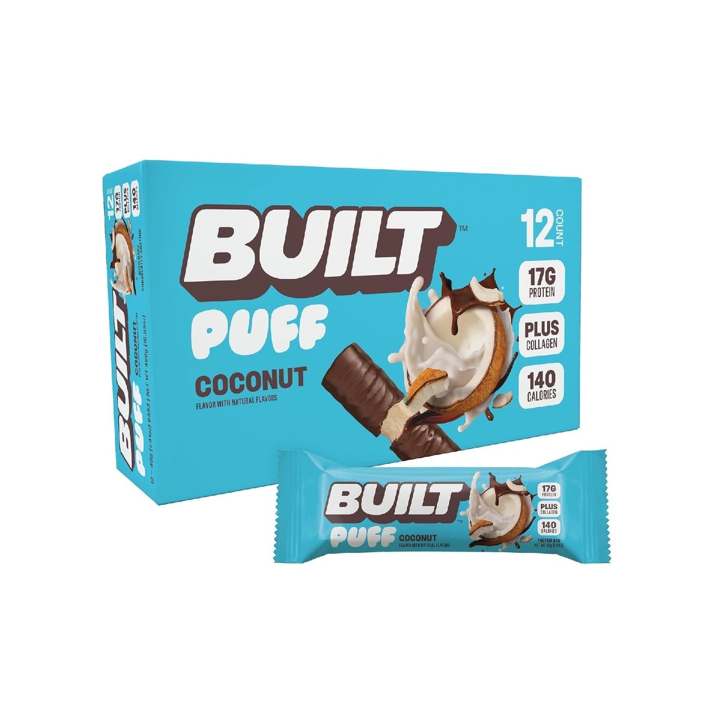 Built Bar, Puff Protein Bars, 17g Protein Snacks,  Only 140 Calories, 6g Sugar, Collagen, Gluten Free, 12 Count